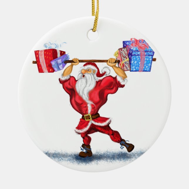 Bodybuilder Santa Claus mit Weihnachtsgeschenken - Keramik Ornament (Vorne)