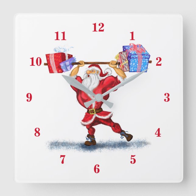 Bodybuilder Santa Claus mit Weihnachtsgeschenken - Quadratische Wanduhr (Vorderseite)