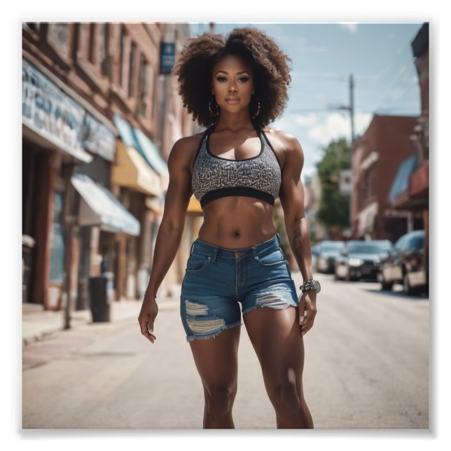 Bodybuilder weiblichen Afro Girl Denim Shorts Stre Fotodruck (Vorne)
