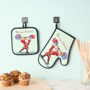 Bodybuilder Weihnachtsmann mit Geschenk Weihnachte Ofenhandschuh & Topflappen-Set