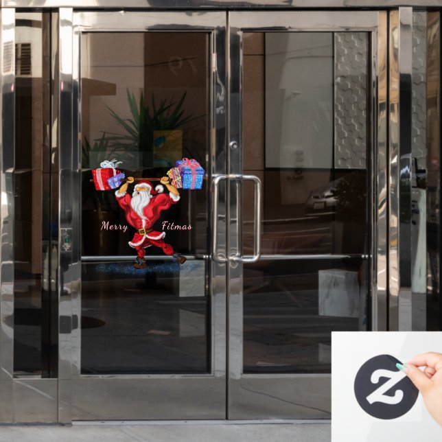 Bodybuilder Weihnachtsmann mit Weihnachtsgeschenke Fensteraufkleber (Büro Tür)