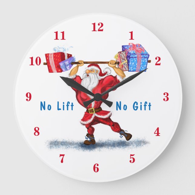 Bodybuilder Weihnachtsmann mit Weihnachtsgeschenke Große Wanduhr (Vorderseite)