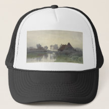 Boer Zuhause auf dem Wasser in Morgennebel