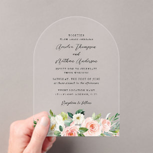 Bogen-Rosa-Ländlich-Rustikale-Botanische-Hochzeit Acryleinladungen