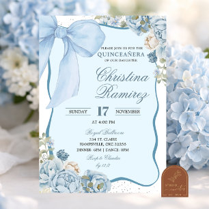 Bogen Staubblau Kokette Blumen Quinceanera Einladung