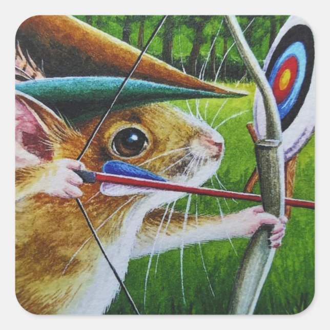 Bogenschießen Camp Mouse Bow & Arrow Kunst Quadratischer Aufkleber (Vorderseite)