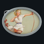 Bogenschütze Button-Up-Mädchen Ovale Gürtelschnalle<br><div class="desc">Retro Pinup Art von Gil Elvgren. Niedliches Button-Up-Mädchen mit Bogen. Großartige Geschenke aus dem Button.</div>