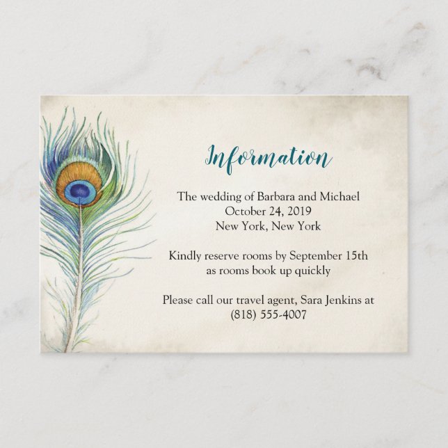 Bohemain Wedding Information Card Peacock Feather Begleitkarte (Vorderseite)