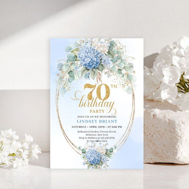 Bohemian 70th Birthday Blue Hydrangeas Gold Invite Einladung (Bohemian 70th Birthday Blue Hydrangeas Gold Invitation)