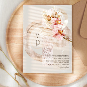 Bohemian Beige Pink Monogramm Pampas Hochzeit  B Einladung