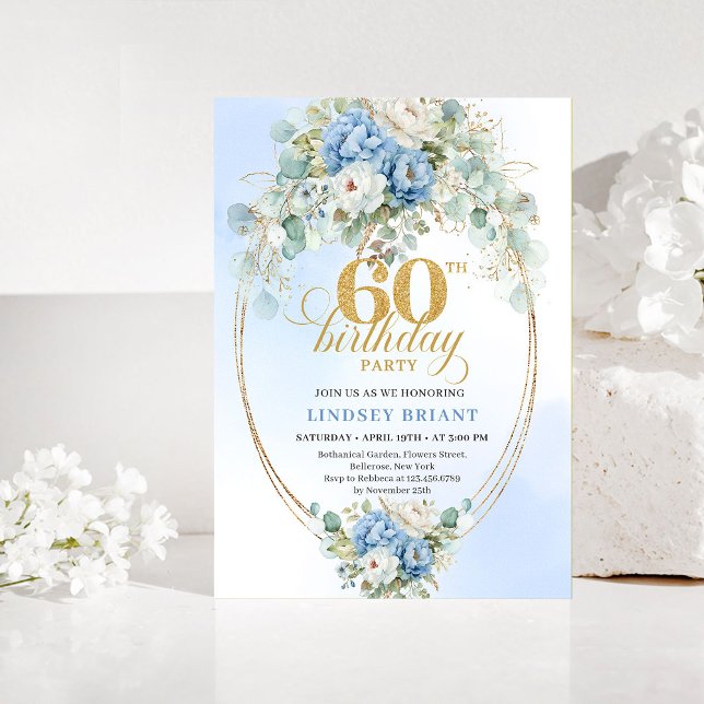 Bohemian Blaue Florale Einladung zum 60. Geburtsta (Bohemian Blue Floral 60th Birthday Invitation)