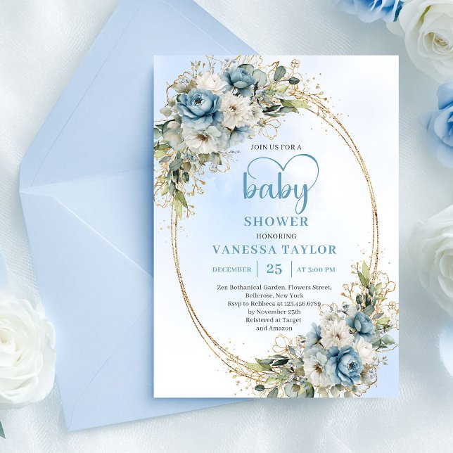 Bohemian Blue Floral Eucalyptus Gold Baby Shower  Einladung (Bohemian Blue Floral Eucalyptus Gold Baby Shower Card)