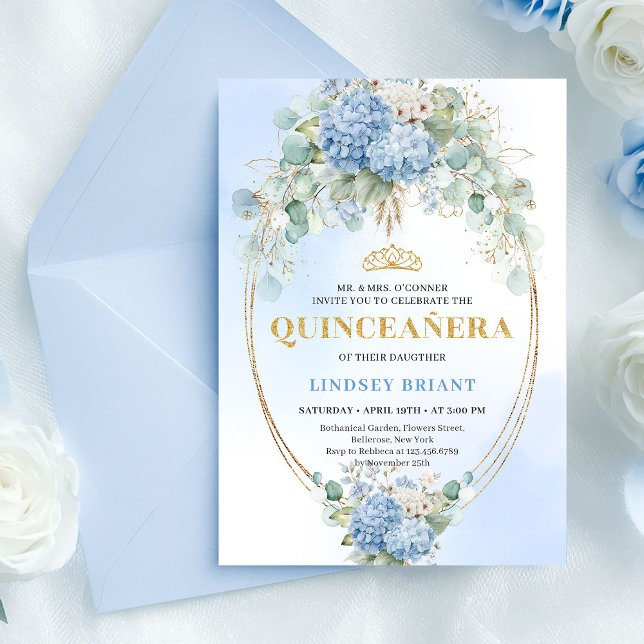 Bohemian Blue Floral Eucalyptus Quinceañera Invite Einladung (Bohemian Blue Floral Eucalyptus Quinceañera Invite)