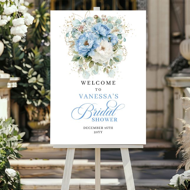 Bohemian Blue Floral Greenery Bridal Shower Welcom Poster (Bohemian Blue Floral Greenery Bridal Shower Welcome)