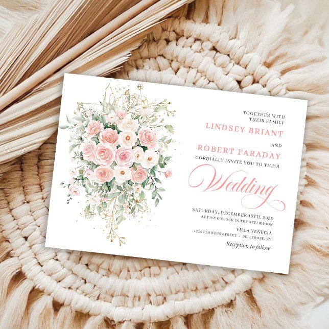 Bohemian Blush Floral Gold Wedding Invitation Einladung (Bohemian Blush Floral Gold Wedding Invitation)