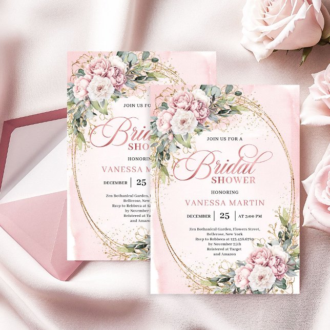 Bohemian Blush Pink Flowers Gold Shower Einladung (Bohemian Blush Pink Flowers Gold Shower)