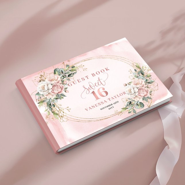 Bohemian Blush Pink Flowers Greenery Gold 16th Gästebuch (Bohemian Blush Pink Flowers Greenery 16th Guest Book)