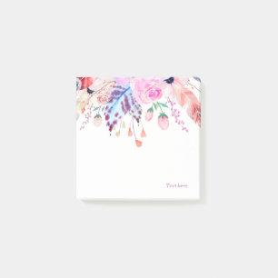 bohemian, boho, rosa, blumenreich, feather, trendy post-it klebezettel