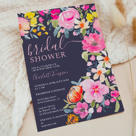 Bohemian bold floral watercolor navy bridal shower einladung