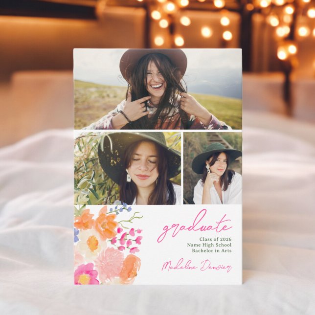 Bohemian bold wildflowers 3 photos graduation ankündigung (Bohemian bold wildflowers 3 photos graduation announcement)