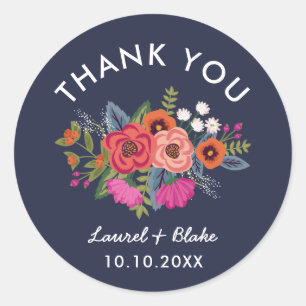 Bohemian Bouquet - Marineblaue Hochzeits-Dankeschö Runder Aufkleber