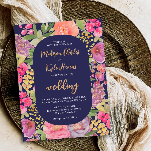 Bohemian bright floral arch script navy wedding einladung (Bohemian bright floral arch script navy wedding invitation)