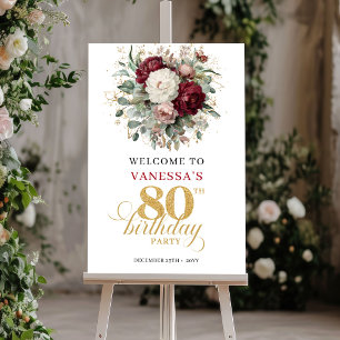 Bohemian Burgund Blumen 80Geburtstags-Willkommenss Poster