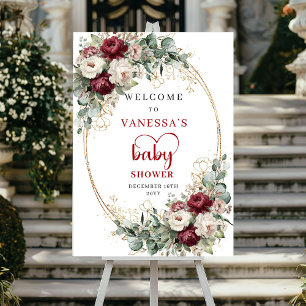 Bohemian Burgund Blumen Baby Shower Begrüßung Poster