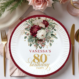 Bohemian Burgund Floral Gold 80. Geburtstag Papier Pappteller