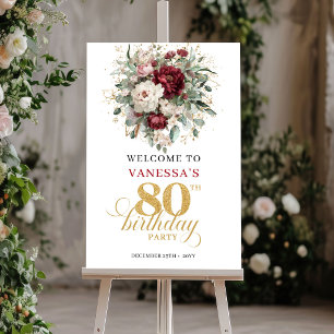 Bohemian Burgund Florales 80. Geburtstags-Willkomm Poster