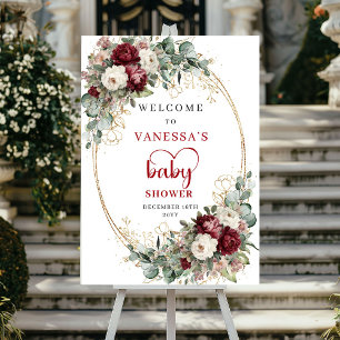 Bohemian Burgund Gold Florales Babyshower Willkomm Poster