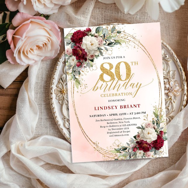 Bohemian Burgundy Floral Milestone 80th Birthday  Einladung (Bohemian Burgundy Floral Milestone 80th Birthday Invite)