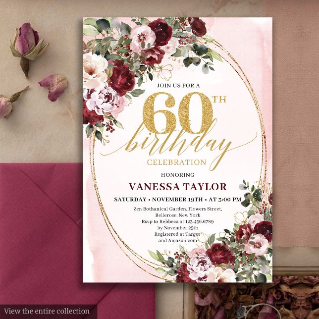 Bohemian Burgundy Gold Floral 60th Birthday Invite Einladung (Bohemian Burgundy Gold Floral 60th Birthday Card)