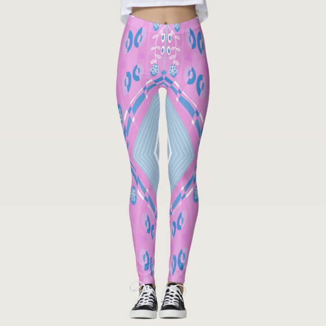 Bohemian Chintz Illustration Pink Blue White 1 Leggings (Vorderseite)