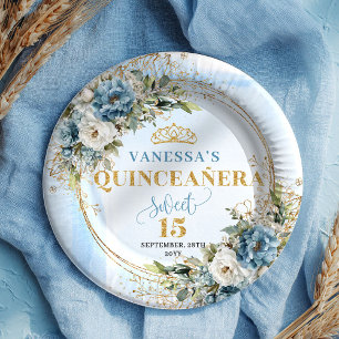 Bohemian Dusty Blue Blumen Gold Glitter Custom  Pappteller