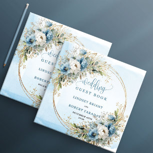 Bohemian Dusty Blue Blumen Gold Glitter Hochzeit Gästebuch