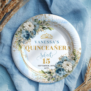 Bohemian Dusty Blue Blumen Gold Quinceañera Teller