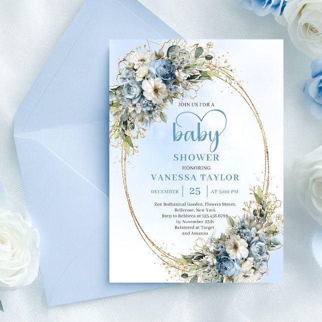 Bohemian Dusty Blue Floral Gold Baby Shower Invite Einladung (Bohemian Dusty Blue Floral Gold Baby Shower Invite

)