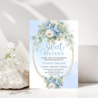 Bohemian Dusty Blue Floral Gold Sweet 16 Birthday Einladung