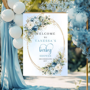 Bohemian Dusty Blue Florale Grüne Babyparty Poster