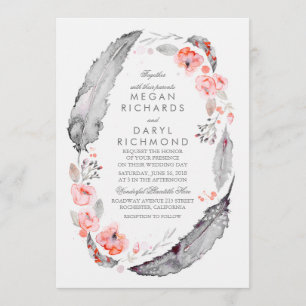 Bohemian Federn Rosa und Graue Hochzeit Einladung