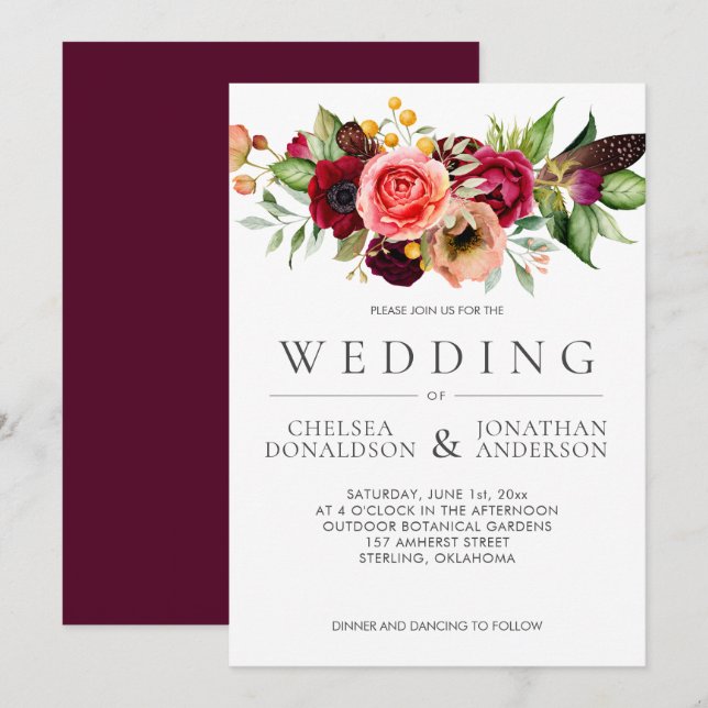 Bohemian Floral Burgundy Feather Wedding | Ankündigung (Vorne/Hinten)