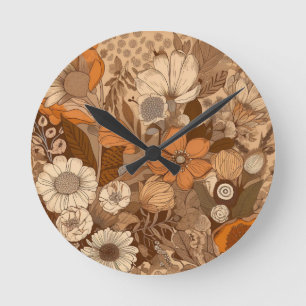 Bohemian Flowers in Orange-Creme und Erdtönen Runde Wanduhr