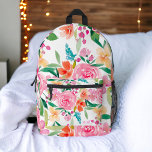 Bohemian girly pink orange floral watercolor bedruckter rucksack<br><div class="desc">Bohemian girly pink orange hand painted floral watercolor blooms pattern backpack with pretty bright pink roses ,  orange wild flowers and with greenery and a modern brush script typography.</div>