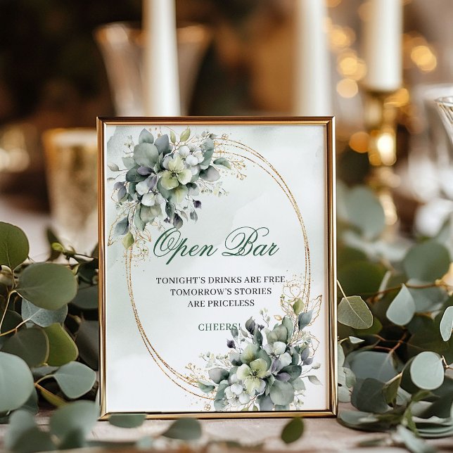 Bohemian Greenery Open Bar Gold Tischschild Poster (Bohemian Greenery Open Bar Gold Tabletop Sign)