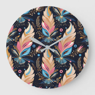 Bohemian Hippie Chic Abstrakte Farbige Federkunst Große Wanduhr
