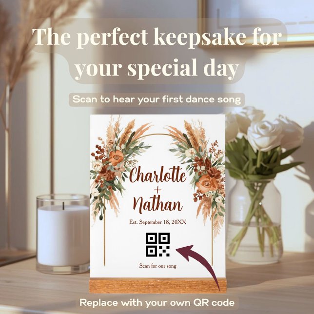 Bohemian individuelle Hochzeitslied QR-Code Acrylschild (Custom wedding acrylic block. Add your names, date, and a QR code to play your first dance song!)