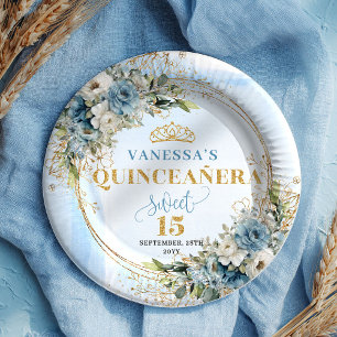 Bohemian Light Blue Florale Grüne Gold Glitter  Pappteller