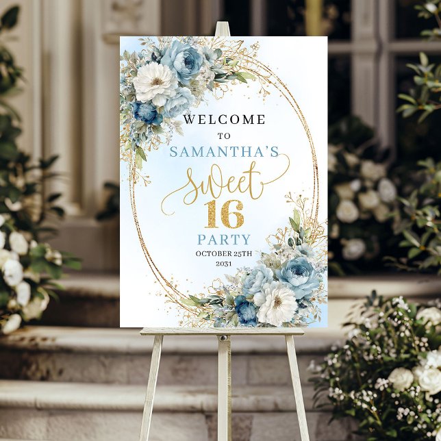 Bohemian Light Blue Florales Sweet 16 Willkommenss Poster (Bohemian Light Blue Floral Sweet 16 Welcome Board)