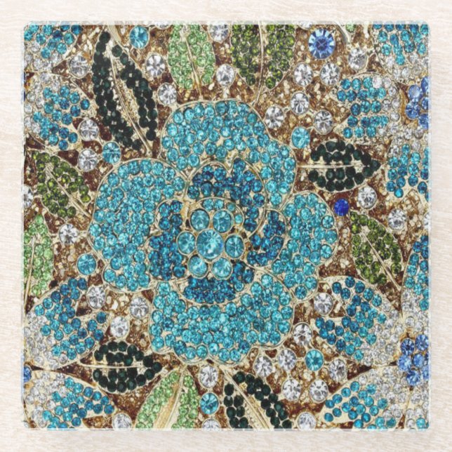 bohemian mädchenhafte silberne türkisblaue Blume Glasuntersetzer (Vorderseite)